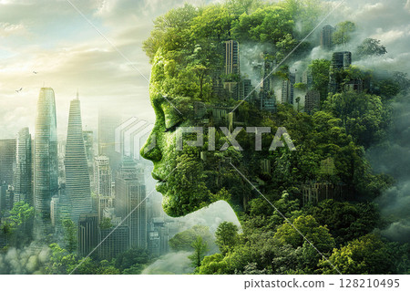 Green eco-friendly city. Silhouette of a woman covered with greenery against the background of a big city. 128210495