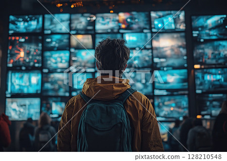 Rear view of a young man looking at an animated content stream. Visualization of browsing a big data metaverse with viral videos, social media profiles and online communities. 128210548