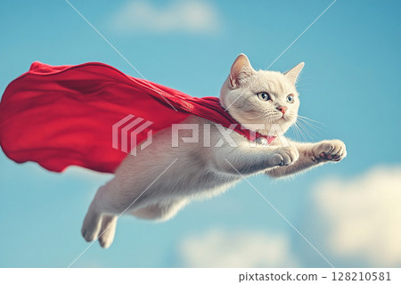 A white British Shorthair cat dressed as a superhero flies across the blue sky. Generated by artificial intelligence 128210581