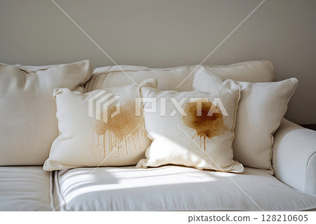 Dirty brown stain from coffee or tea on white sofa. Generated by artificial intelligence Dirty brown stain from coffee or tea on white sofa. Generated by artificial intelligence 128210605