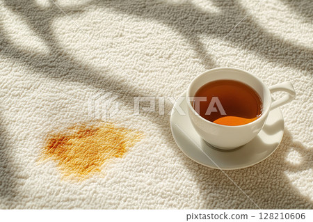 Tea spilled on white carpet. Top view of a cup of tea on a white carpet and a large dirty stain nearby. Generated by artificial intelligence 128210606