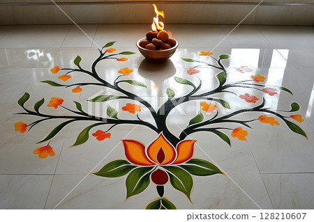 Rangoli Painting on Floor in Home. Indian Culture and Traditions During Sankranti. Drawing of a mango tree on the floor. Rangoli Painting on Floor in Home. Indian Culture and Traditions During Sankranti. Drawing of a mango tree on the floor. 128210607
