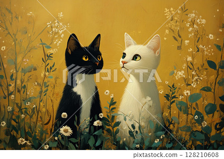 Two identical black and white cats sit opposite each other. Cats on a yellow background greet spring. Drawing. Generated by artificial intelligence 128210608