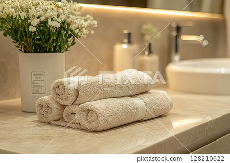 Stack of white terry towels on bathroom countertop in evening light. 128210622