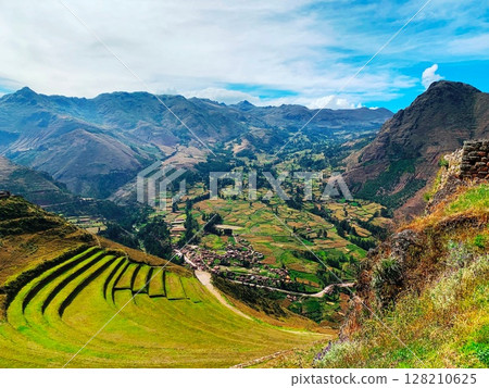 Great Sacred Valley of Inca in Peru. Ancient green agricultural terraces Andenes. Great Sacred Valley of Inca in Peru. Ancient green agricultural terraces Andenes. 128210625