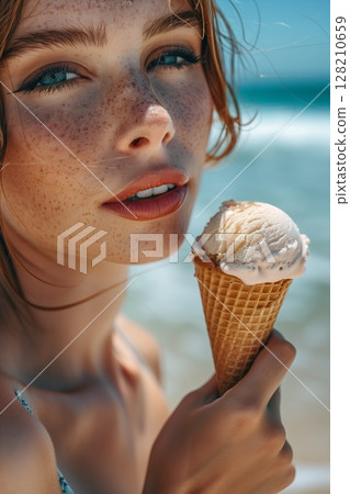 A young woman enjoying ice cream by the beach, radiating joy and carefree summer vibes. 128210659