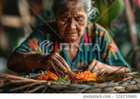 An elderly woman skillfully weaves flowers into a beautiful arrangement, showcasing traditional craftsmanship and art. 128210660