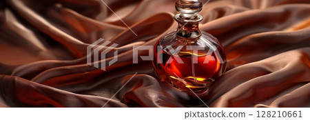 An elegant bottle of amber liquor placed on silky brown fabric, showcasing luxury and sophistication. 128210661