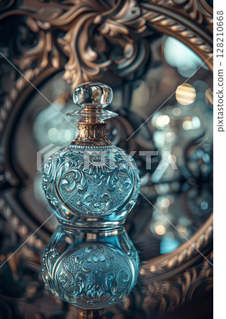An elegant vintage perfume bottle with intricate designs, reflecting beauty and luxury in soft ambient light. 128210668