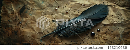 An elegant black feather rests on crumpled paper, evoking creativity and inspiration in writing and art. 128210686