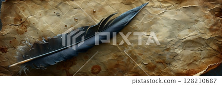 An elegant blue feather resting on aged parchment, symbolizing creativity and ancient writing traditions. 128210687