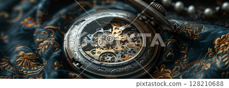 An elegant vintage pocket watch with intricate gears, resting on a beautifully patterned fabric, showcasing timeless craftsmanship. 128210688