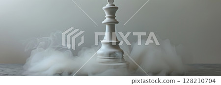 An elegant white chess king piece emerges from a mystical cloud, embodying strategy and contemplation. 128210704