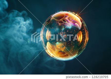 An ethereal soap bubble surrounded by vibrant smoke, showcasing colorful reflections and intricate details. 128210705