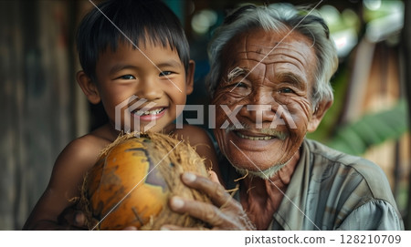 An elderly man and a young boy share a joyful moment, holding a coconut, embodying love and connection across generations. 128210709