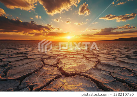 Surface of dry and cracked earth against the setting sun. Desert, global warming. 128210750