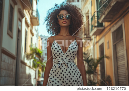 A beautiful young Latina woman in a white top and polka dot skirt walks along a narrow street in the summer. 128210770