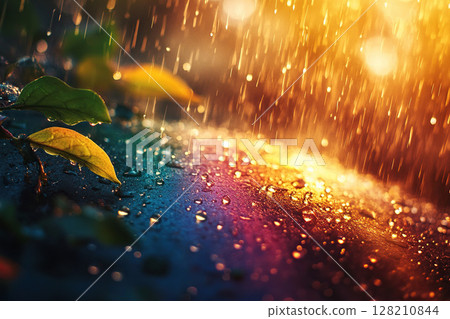 Blurred raindrops creating a rainbow bokeh effect with a blurred green background and young leaves. Generated by artificial intelligence 128210844