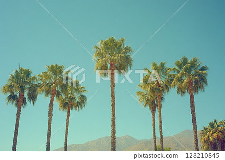 Tall palm trees against clear blue sky, muted tones. Tropical banner. Generated by artificial intelligence 128210845