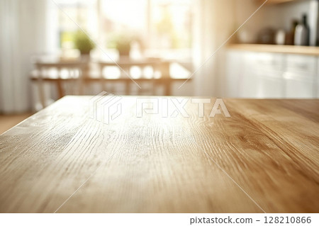 Wooden tabletop close-up on blurred kitchen background. Can be used as a mockup to showcase products or designs. Generated by artificial intelligence 128210866