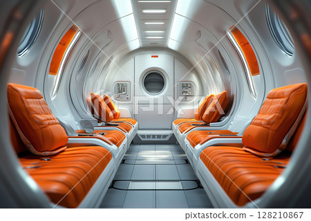 Interior of a cabin for rest on a spaceship. Concept of space industry. Generated by artificial intelligence 128210867