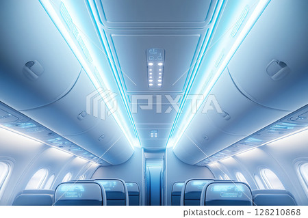 The interior of the aircraft cabin shows off the hand luggage compartments and smart lighting. Modern amenities and comfort during the flight. 128210868