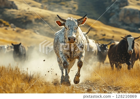 A herd of bulls and cows with horns run into a field raising dust. Generated by artificial intelligence. 128210869