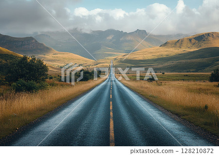 A long beautiful road leading to the mountain. Generated by artificial intelligence 128210872