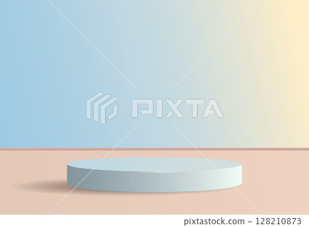 3D blue podium with shadow stands on beige surface with blue sky in the background. Modern concept, product demonstration, mockup. Vector illustration 128210873