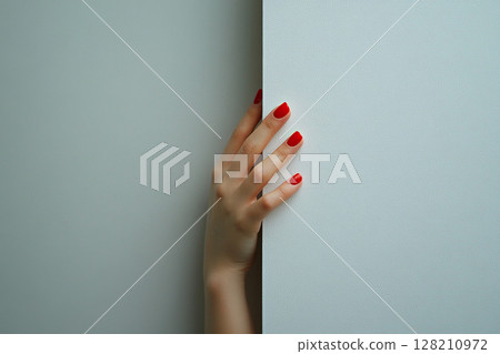 A woman's hand with red nails elegantly touches a white wall. Generated by artificial intelligence A woman's hand with red nails elegantly touches a white wall. Generated by artificial intelligence 128210972