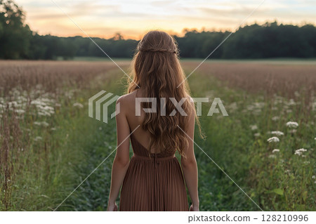 Back view of a young brunette girl with long hair in a brown dress on a path in a field in the evening. Generated by artificial intelligence 128210996