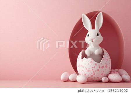 White cute easter bunny peeking out of broken pink easter egg on pink background. Minimal easter composition White cute easter bunny peeking out of broken pink easter egg on pink background. Minimal easter composition 128211002