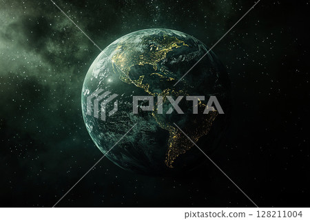 View of planet earth from space showing realistic earth surface and map of north and south america and ocean. Globe in the darkness of space. View of planet earth from space showing realistic earth surface and map of north and south america and ocean. Globe in the darkness of space. 128211004