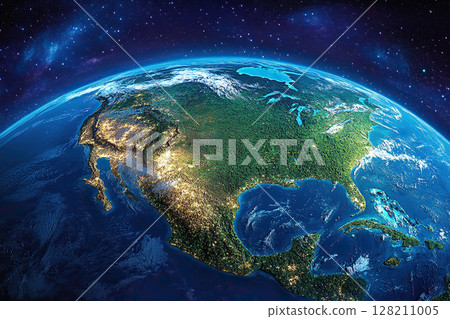 Image of planet Earth from space with the continent of North America close-up. Planet Earth in space with stars and nebulae in the background. Image of planet Earth from space with the continent of North America close-up. Planet Earth in space with stars and nebulae in the background. 128211005