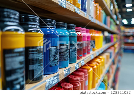 Paint cans on shelves in a hardware store. Products in a hardware store. 128211022