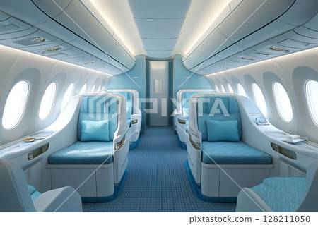 Luxurious interior of an empty airplane cabin in business class. Comfortable seats with pillows in the airplane. Luxurious interior of an empty airplane cabin in business class. Comfortable seats with pillows in the airplane. 128211050