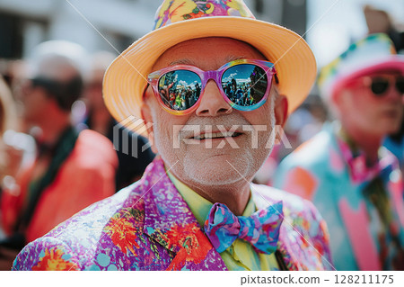 An eccentric older man in a colorful jacket at a gay pride parade. The concept of solidarity with sexual minorities. 128211175