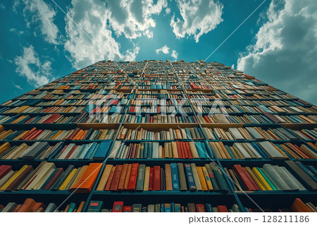 Education concept. A wall of books goes high into the blue sky. 128211186