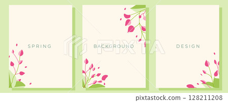 Set of spring floral invitations or greeting cards templates with green and pink flowers and branches on white background. Vector set 128211208