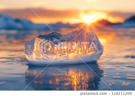 Ice floe melting on water with sunset rays in the background. Global warming concept. Generated by artificial intelligence 128211209