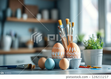 Photo of Easter eggs with design and decoration handmade with brushes and paints. Easter eggs on the kitchen countertop. Generated by artificial intelligence 128211217