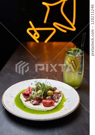 Gourmet Beef Tartare with Cream and Kiwi Drink 128211246