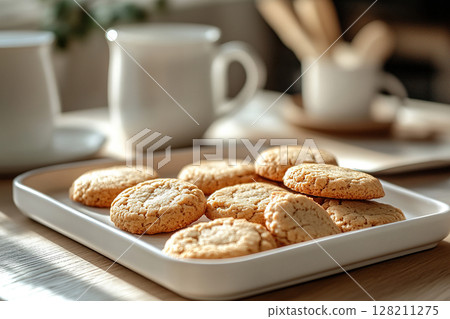 Tray of homemade oatmeal cookies on kitchen table with blurred background. 128211275