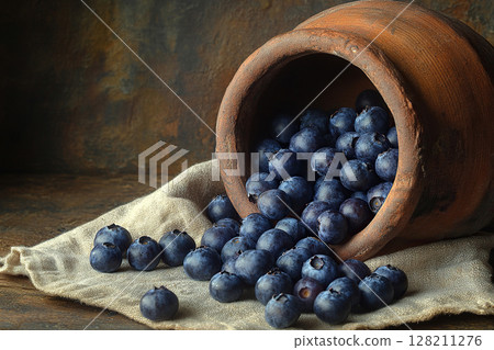 A clay pot with blueberries on an old wooden table. Blueberries spilled out of the pot onto a burlap towel. Generated by artificial intelligence 128211276