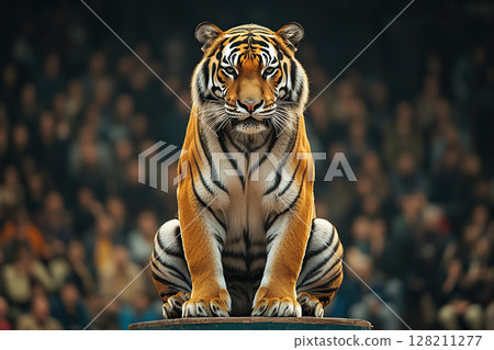 A beautiful adult tiger sits obediently on a pedestal in a circus arena. A tiger in a circus full of spectators in the background. 128211277