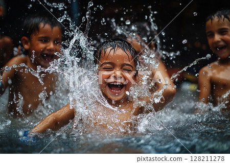 Happy Latin American children bathe and splash each other with clean water. Children at Songkran festival 128211278