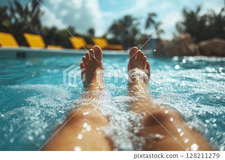 Women's legs in splashes of water in the middle of a swimming pool at a seaside resort. Generated by artificial intelligence 128211279