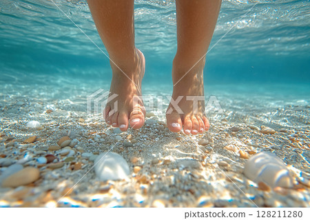 Baby girl's bare feet in clear transparent water on rocky bottom with shells. Seaside vacation concept. 128211280