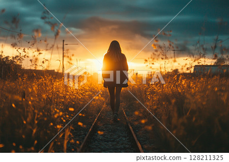 A young girl walking along the railroad tracks towards the sun. The bright sun illuminates the silhouette of the girl in the railroad track. View from behind. 128211325