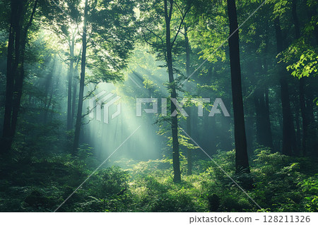 Morning rays break through the fog and trees in the forest. Beautiful morning landscape. 128211326
